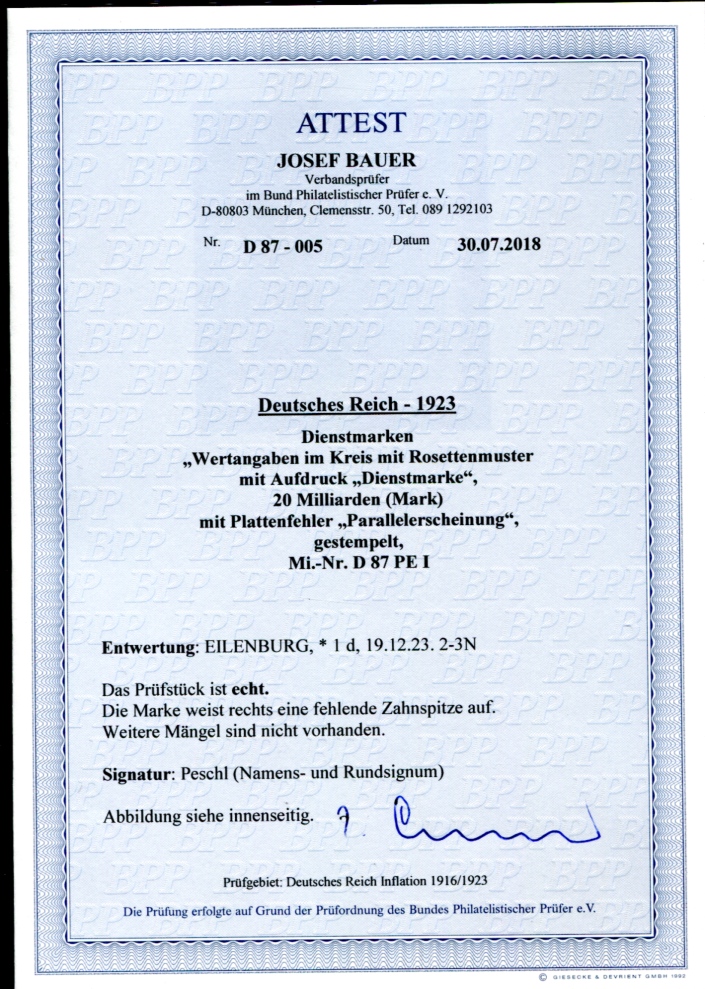 GERMANY OFFICIAL 1923 87 PE1 used VARIETY SIMILAR HT CERTIFICATE